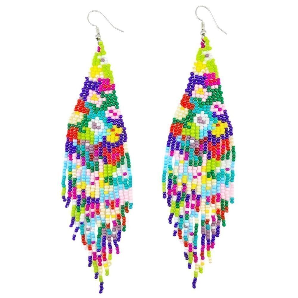 Flower Bohemian Seed Bead Tassel Dangling Statement French Wire Hook Earrings